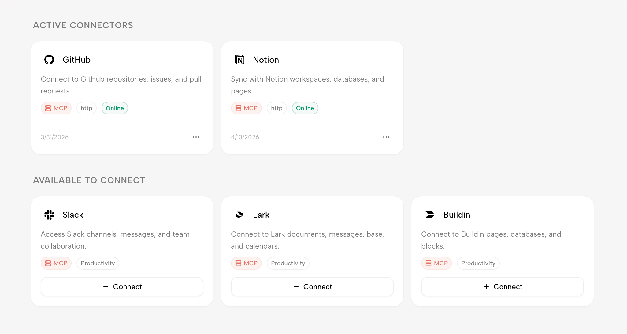 Kollab 連接器市場界面,展示已啟用的 GitHub、Notion,以及可連接的 Slack、Linear、Buildin 等工具卡片。